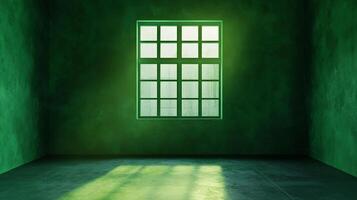 Green room with a grid window, creating a contrast of light and shadow on the concrete floor. Emphasizing minimalist atmosphere. photo