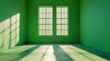 Sunlight streams through windows, casting patterned shadows on the solid green walls and floor of an otherwise empty, modern, and peaceful room. photo