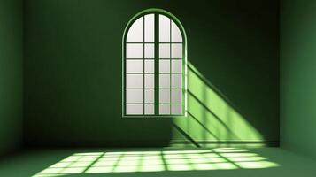 Green room with arched window casting light patterns across the floor, creating a serene and modern atmosphere. Minimalistic interior design. photo