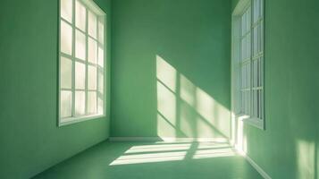 An empty room painted light green is illuminated by sunlight streaming through windows, casting distinct shadows across the walls and floor. photo