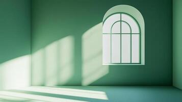 A serene green room features a window casting intricate light patterns, highlighting the minimalist architectural design and tranquil atmosphere. photo