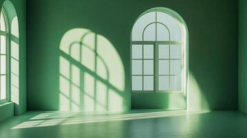 Monochromatic green room bathed in sunlight, casting arched window shadows, creating a serene and minimalist architectural ambiance. photo