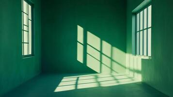 Sunlight streams through barred windows in a stark green room, creating a sense of isolation and confinement. A solitary setting. photo