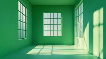 Serene green room with natural light streaming through windows, creating shadows on the floor. A calming, monochromatic space. photo