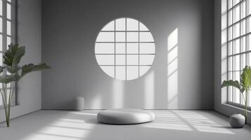 Monochromatic studio setting with natural lighting and foliage, featuring a circular window and simple seating arrangements. photo