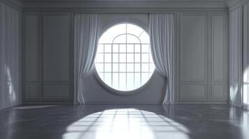 Elegant room with arched window, draped curtains, and marble floor, bathed in light. Modern architecture with classic design elements. photo