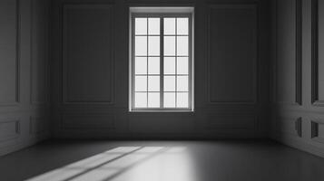 Elegant room features a bright window, casting light across the neutral floor and paneled walls, creating a serene atmosphere inside. photo