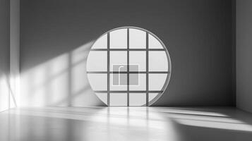 Monochromatic interior featuring a circular window casting patterned shadows. The minimalist space highlights light and architectural form. photo