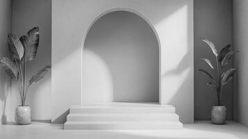 Minimalist interior featuring a central arched doorway, flanked by potted plants, bathed in soft, diffused light, creating serene atmosphere. photo