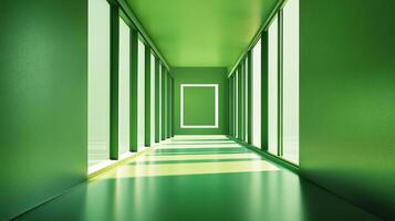 A green hallway bathed in light features sleek architecture and an illuminated rectangular frame at the end, creating a modern, vibrant space. photo