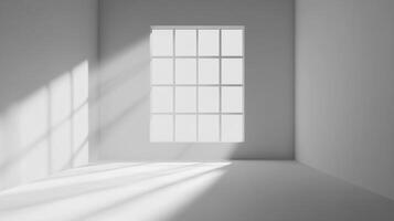 A bright room with sunbeams streaming through a large window, creating light and shadow patterns on the floor and walls. Minimalist. photo