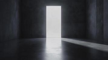 A stark image featuring a doorway of radiant light in a dark, minimalist, room. A portal of possibility, contrasted against the muted tones. photo