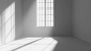 Sunlight streams into an empty white room, illuminating the space through a window with gridded panes, creating a bright, minimalist scene. photo