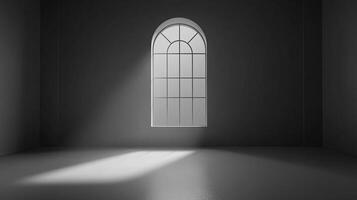 An interior view of a monochromatic room with light streaming in through an arched window casting a shadow on the polished floor. photo