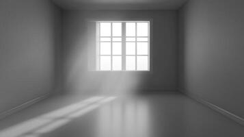 Light streams into an empty room through a window, illuminating the space and casting shadows. The walls are neutral colored and minimalist. photo