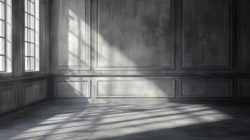 An empty room, painted gray, is flooded by light streaming in from a window casting sharp shadows across the floor and walls. photo