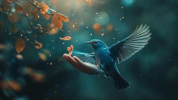 A vibrant blue bird lands gently on an outstretched hand amidst falling leaves in a tranquil, dreamy forest setting. Magical moment. photo