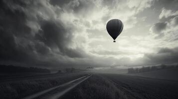 Atmospheric view of a hot air balloon soaring high above a muted countryside beneath a sky filled with billowing clouds. photo
