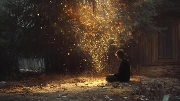 Person meditates beneath a tree illuminated by magical lights, creating a serene and enchanting atmosphere in nature. photo