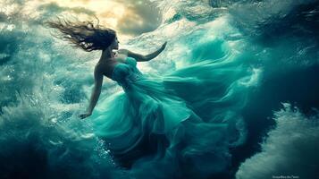 A woman in a flowing dress gracefully swims underwater, surrounded by swirling turquoise waves and dramatic lighting in this ethereal scene. photo