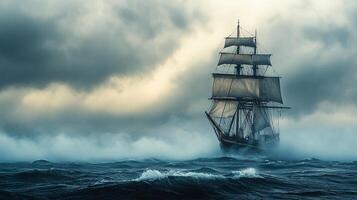 Tall ship sailing on a stormy sea, captured in a moody and atmospheric scene, evocative of maritime adventures and historical voyages. photo