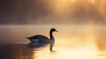 Goose gracefully swims across a golden misty lake, reflecting peacefully in the calm waters at sunrise. Serene nature scene. photo
