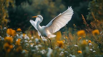 Graceful egret in flight amidst a field of wildflowers, wings spread wide against a backdrop of lush greenery and bright sunlight. photo