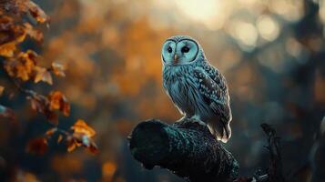 Striking owl perched on a mossy branch, illuminated by the soft light filtering through an autumnal forest. Serene, wildlife, nature. photo