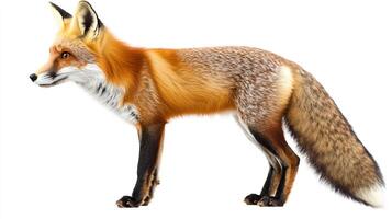 Elegant red fox with a bushy tail standing on a white background. The fox is in profile, showing off its vibrant orange fur and dark legs. photo