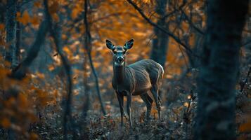 A lone deer standing in a vibrant autumn forest, its coat blending with the trees, making eye contact with the camera. photo
