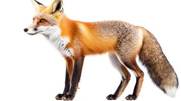 A stunning, full-body profile of a vibrant red fox with dark legs and a fluffy tail, set against a clean, white backdrop for emphasis. photo