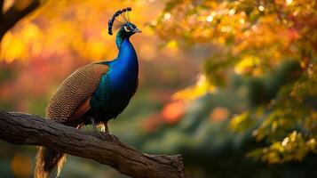 Peacock perched majestically on a branch, showcasing vibrant blues and greens against a bokeh autumnal backdrop with yellow and orange hues. photo