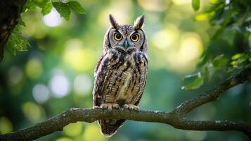 Majestic owl perched on a branch, gazing intensely with its bright yellow eyes against a lush green backdrop. Serene and wise in nature. photo