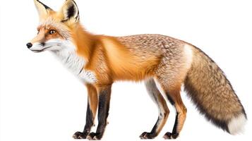 A red fox with a bushy tail stands in profile against a plain white backdrop, displaying its fur and curious gaze. photo