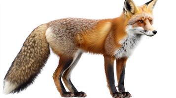 Isolated red fox with detailed fur standing against a pure white background. The fox has a bushy tail and observant expression. photo