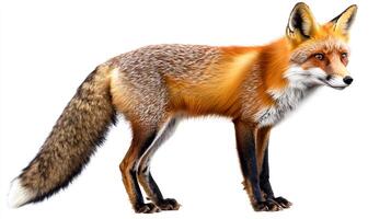A majestic red fox stands alert, showcasing its beautiful fur and keen eyes, captured against a stark white background. Wild and beautiful photo