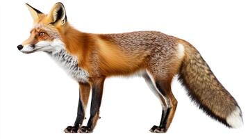 Side view of a red fox. The fox is ginger-brown and white. It has black markings on its legs, and it has a bushy tail. photo