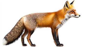 A captivating red fox with orange fur stands gracefully, its gaze fixed ahead, blending beauty with an alert and focused stance. photo