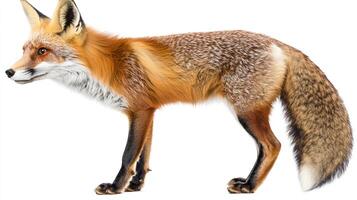 A vibrant red fox, captured in a serene pose, highlights its sleek fur and alert demeanor against a stark white backdrop. Elegant wildlife photo. photo