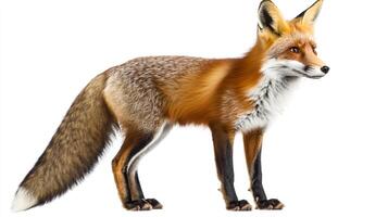 Striking Red Fox isolated against a plain backdrop, showcasing its sleek and agile physique, rich coloration and attentive expression. photo