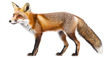 A solitary red fox stands alert, its orange fur contrasting with the stark white background, capturing its wild beauty in sharp detail. photo