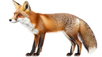 A vibrant red fox stands alert against a clean, white background, its beautiful fur showcased in sharp detail. Nature's elegance on display. photo