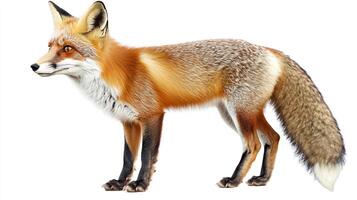 A majestic red fox with striking fur stands gracefully against a stark white backdrop. The fox exudes an air of alertness and quiet confidence. photo