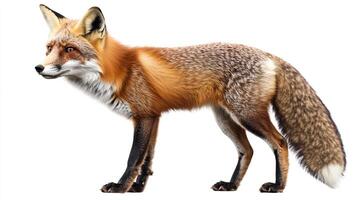 A red fox displays its fiery coat against a clean, isolated backdrop, emphasizing its sleek form and alert posture. It's nature captured. photo
