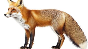 Elegant fox with striking red and white fur, standing tall. Its posture is alert and graceful, with its tail held high. photo