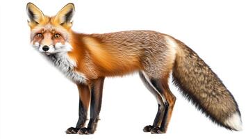 A full body shot of a red fox, standing alert. Its fur is a mix of brown, red, and white. A bushy tail and pointy ears are visible. photo