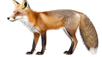 A red fox with its distinctive reddish-orange fur and bushy tail is captured in a side-profile shot, against a solid white background. photo