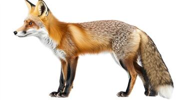 A poised fox in profile, showcasing its lush, multicolored fur and elegant stance against a stark background, emphasizing its beauty. photo