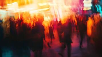 Abstract vision capturing bustling crowds. Energetic blurs, creating an evocative street scene, full of life, movement, and vibrant colors. photo