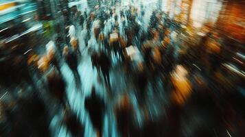 Abstract impression of a bustling cityscape, blurred with motion, capturing urban energy and dynamic movement in vibrant colors. photo